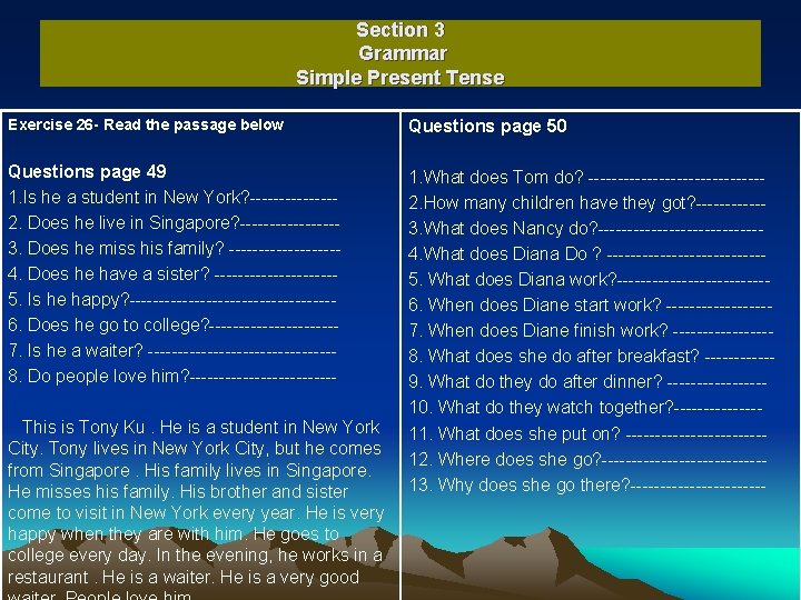 Section 3 Grammar Simple Present Tense Conjugation work
