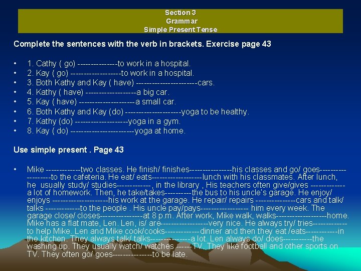 Section 3 Grammar Simple Present Tense Conjugation work
