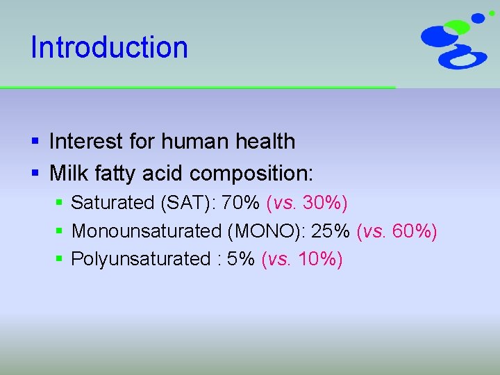 Introduction § Interest for human health § Milk fatty acid composition: § Saturated (SAT):