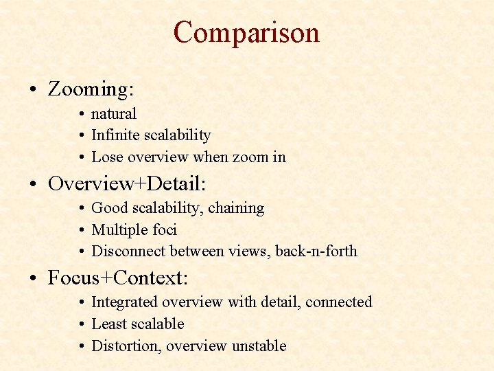 Comparison • Zooming: • natural • Infinite scalability • Lose overview when zoom in