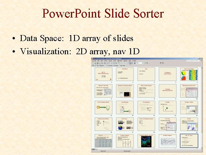 Power. Point Slide Sorter • Data Space: 1 D array of slides • Visualization: