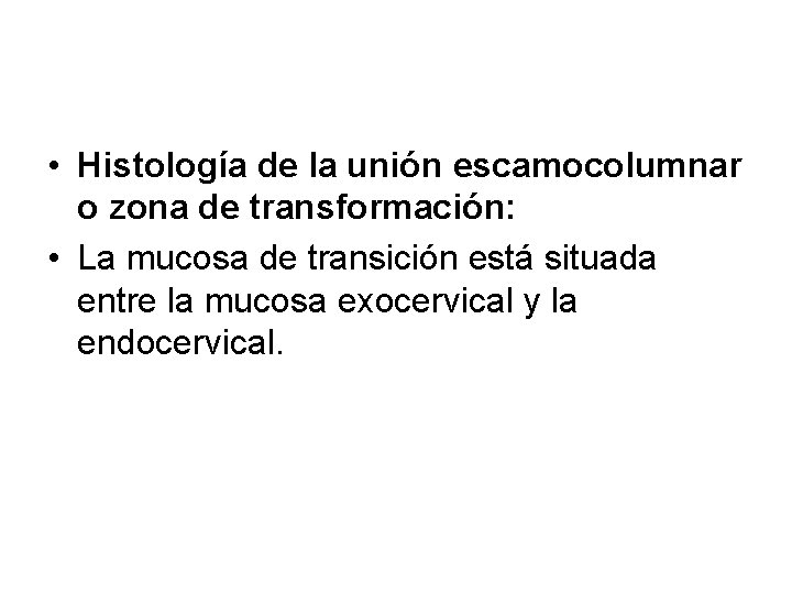  • Histología de la unión escamocolumnar o zona de transformación: • La mucosa