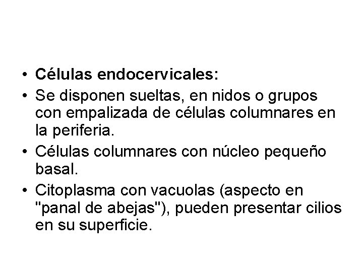  • Células endocervicales: • Se disponen sueltas, en nidos o grupos con empalizada