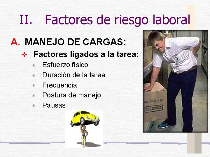 II. Factores de riesgo laboral A. MANEJO DE CARGAS: v Factores ligados a la