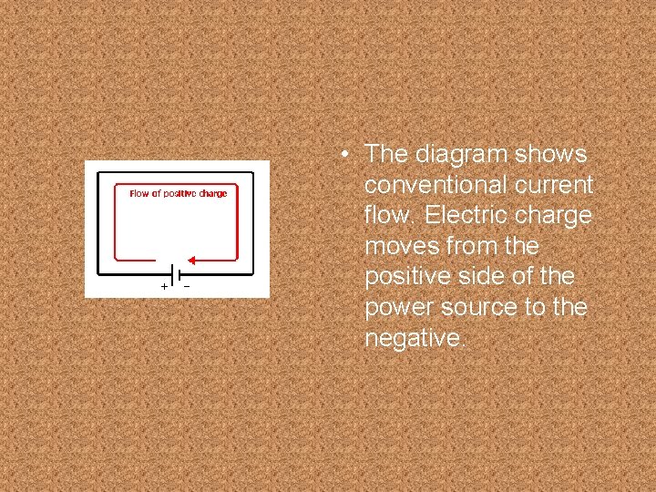  • The diagram shows conventional current flow. Electric charge moves from the positive