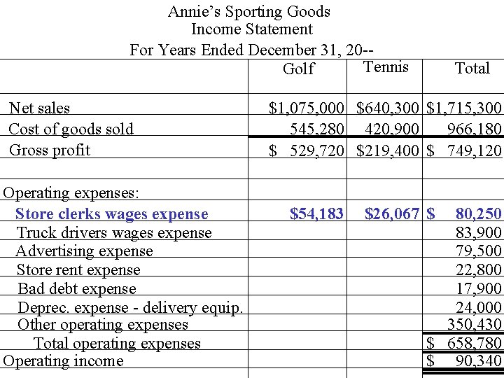 Annie’s Sporting Goods Income Statement For Years Ended December 31, 20 -Tennis Golf Net