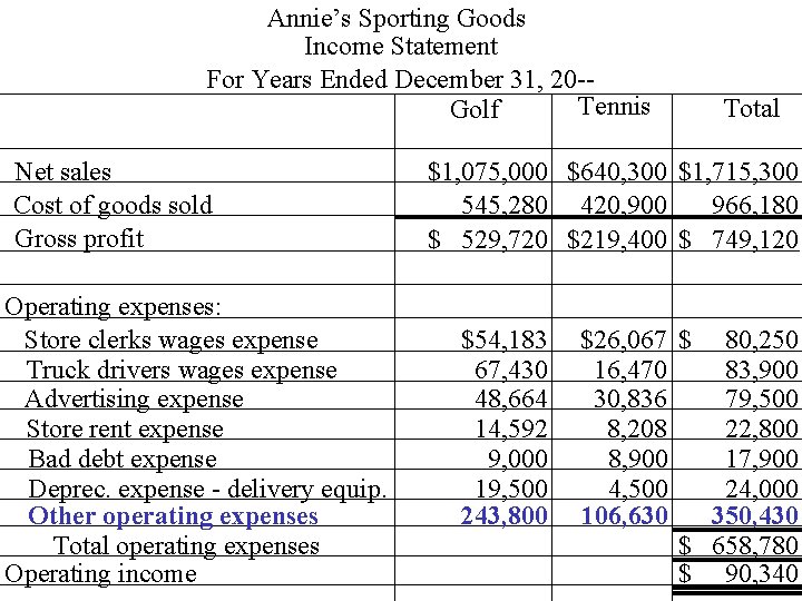 Annie’s Sporting Goods Income Statement For Years Ended December 31, 20 -Tennis Golf Net