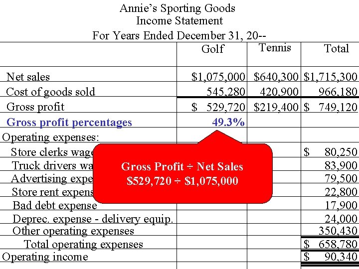 Annie’s Sporting Goods Income Statement For Years Ended December 31, 20 -Tennis Golf Total