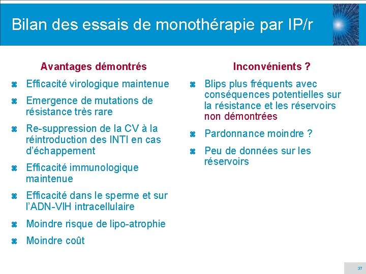 Bilan des essais de monothérapie par IP/r Avantages démontrés z Efficacité virologique maintenue z