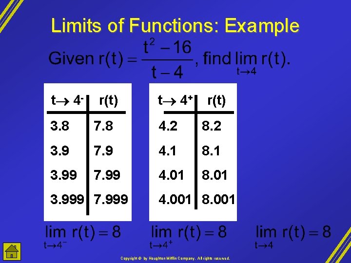 Limits of Functions: Example t 4 - r(t) t 4+ r(t) 3. 8 7.