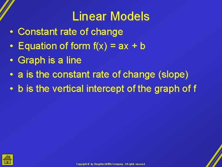 Linear Models • • • Constant rate of change Equation of form f(x) =