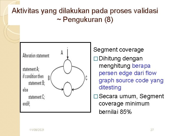 Aktivitas yang dilakukan pada proses validasi ~ Pengukuran (8) Segment coverage � Dihitung dengan