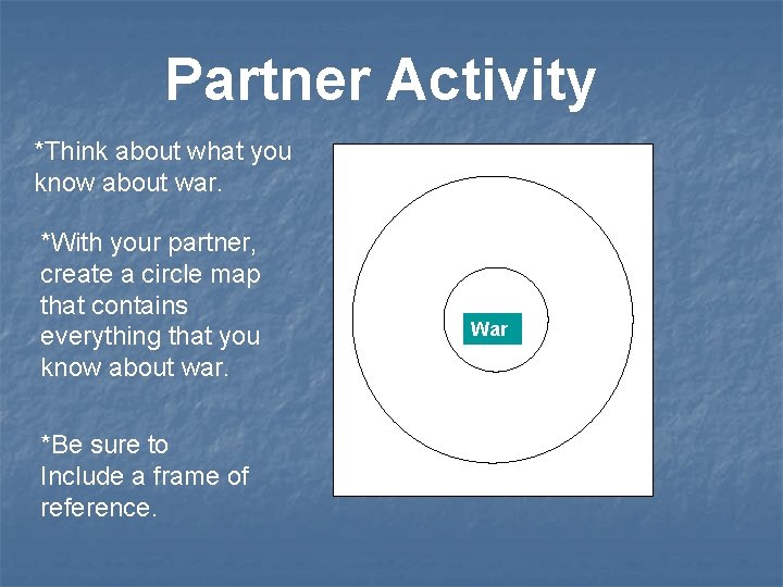 Partner Activity *Think about what you know about war. *With your partner, create a