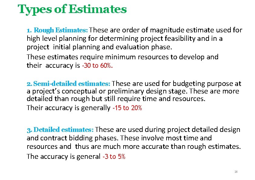 Types of Estimates 1. Rough Estimates: These are order of magnitude estimate used for