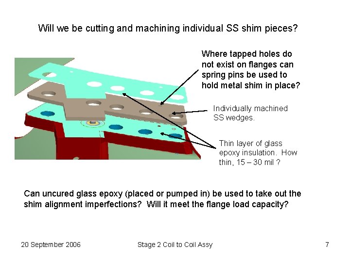 Will we be cutting and machining individual SS shim pieces? Where tapped holes do Will we be cutting and machining individual SS shim pieces? Where tapped holes do