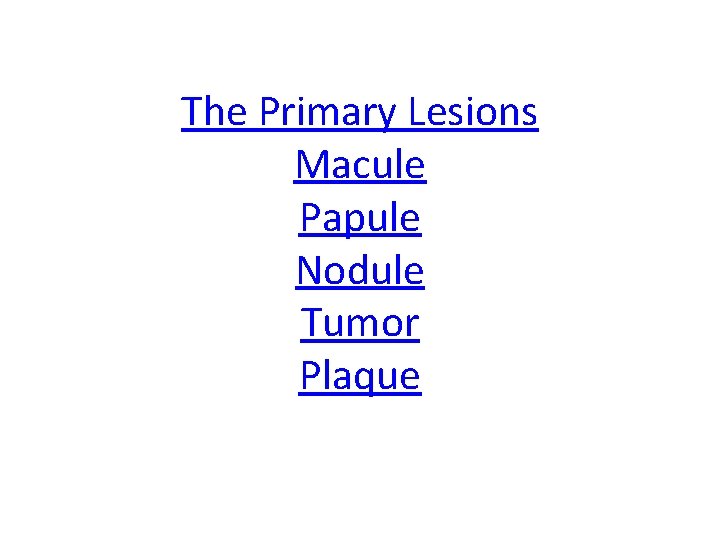The Primary Lesions Macule Papule Nodule Tumor Plaque 