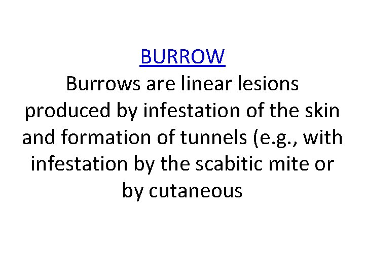 BURROW Burrows are linear lesions produced by infestation of the skin and formation of