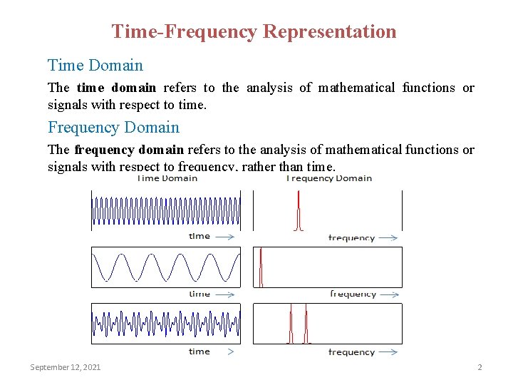 Time-Frequency Representation Time Domain The time domain refers to the analysis of mathematical functions