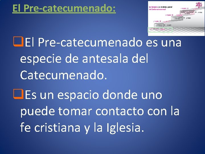 El Pre-catecumenado: q. El Pre-catecumenado es una especie de antesala del Catecumenado. q. Es