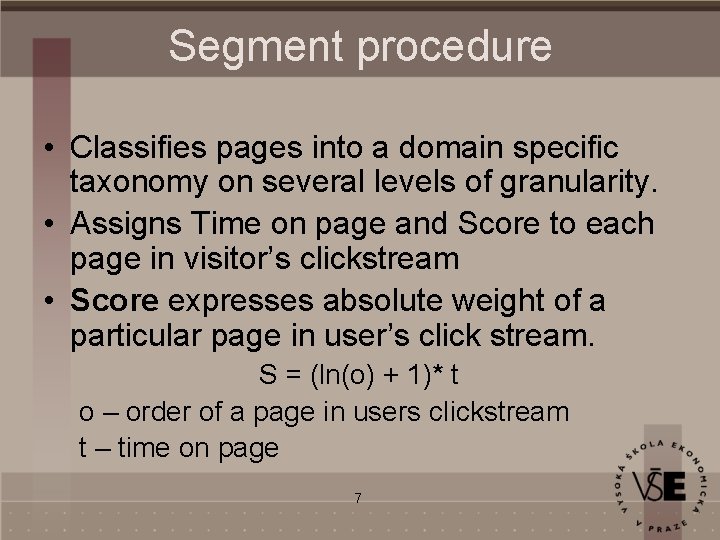 Segment procedure • Classifies pages into a domain specific taxonomy on several levels of
