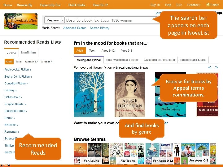 The search bar appears on each page in Nove. List Browse for books by