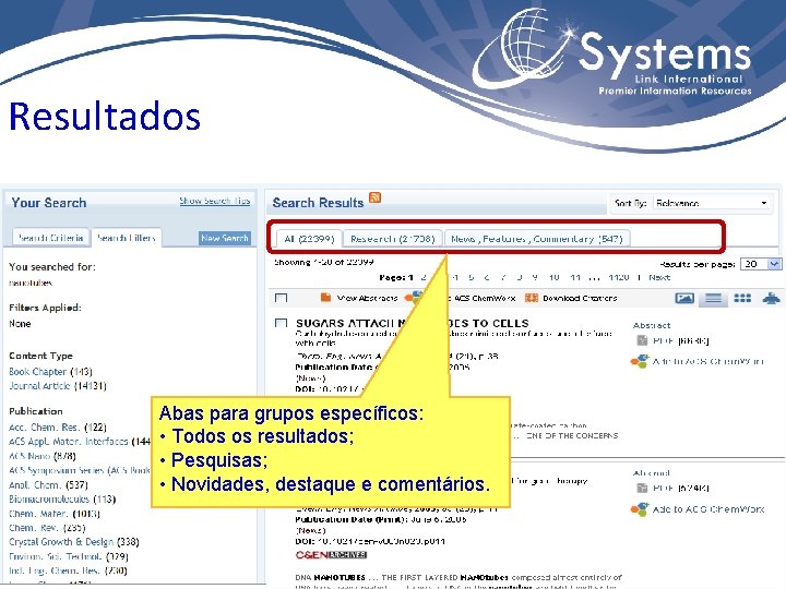 Resultados Abas para grupos específicos: • Todos os resultados; • Pesquisas; • Novidades, destaque