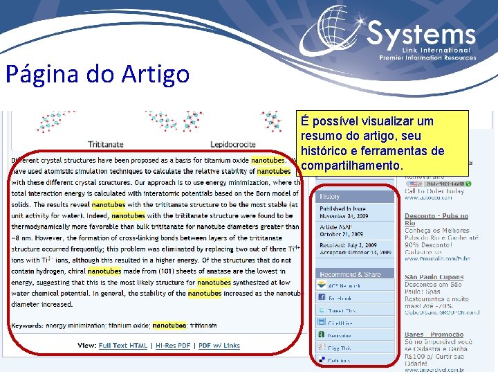 Página do Artigo É possível visualizar um resumo do artigo, seu histórico e ferramentas