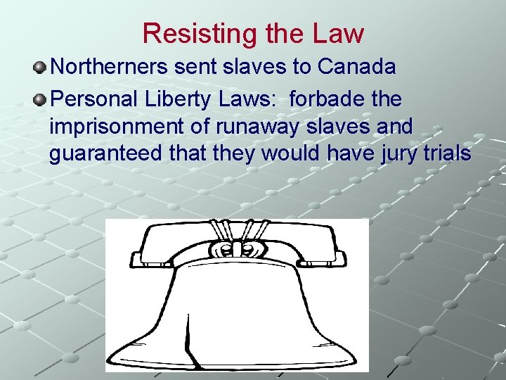 Resisting the Law Northerners sent slaves to Canada Personal Liberty Laws: forbade the imprisonment