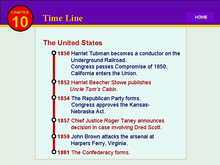 CHAPTER 10 Time Line The United States 1850 Harriet Tubman becomes a conductor on