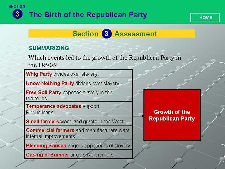 SECTION 3 The Birth of the Republican Party HOME Section 3 Assessment SUMMARIZING Which