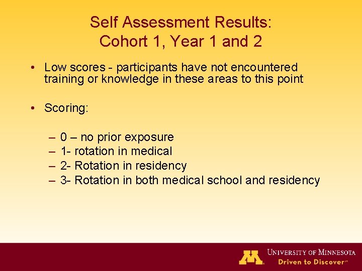 Self Assessment Results: Cohort 1, Year 1 and 2 • Low scores - participants Self Assessment Results: Cohort 1, Year 1 and 2 • Low scores - participants