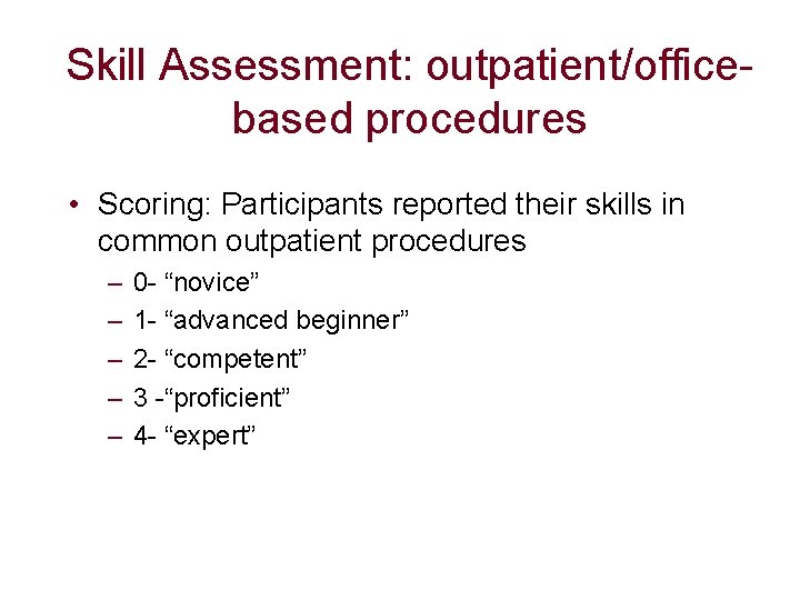 Skill Assessment: outpatient/officebased procedures • Scoring: Participants reported their skills in common outpatient procedures Skill Assessment: outpatient/officebased procedures • Scoring: Participants reported their skills in common outpatient procedures