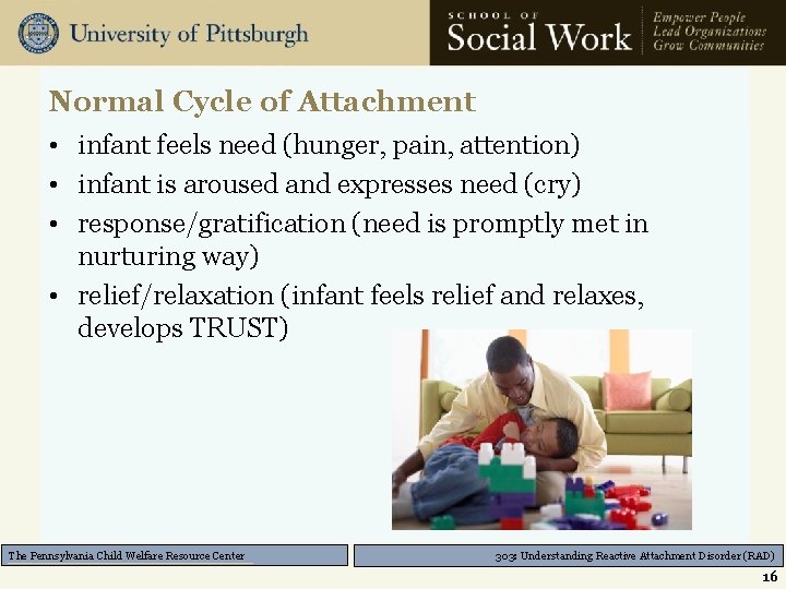 Normal Cycle of Attachment • infant feels need (hunger, pain, attention) • infant is