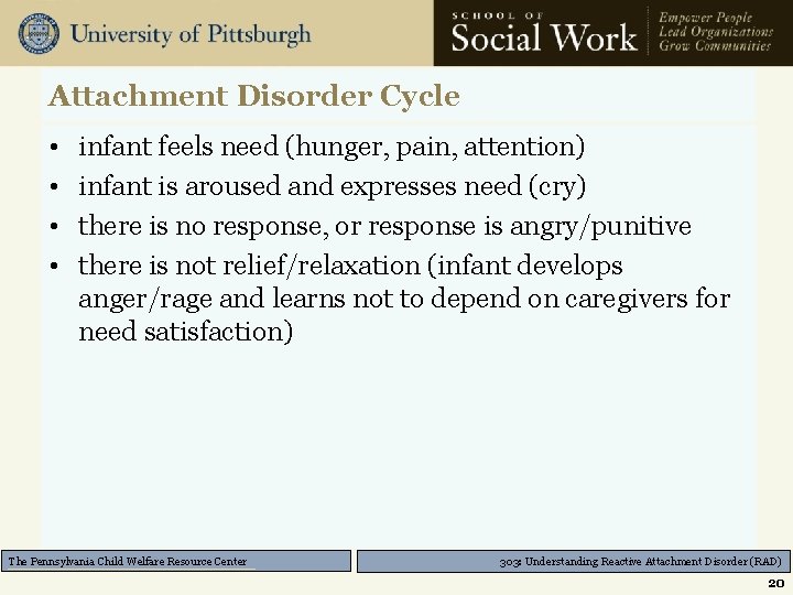 Attachment Disorder Cycle • • infant feels need (hunger, pain, attention) infant is aroused