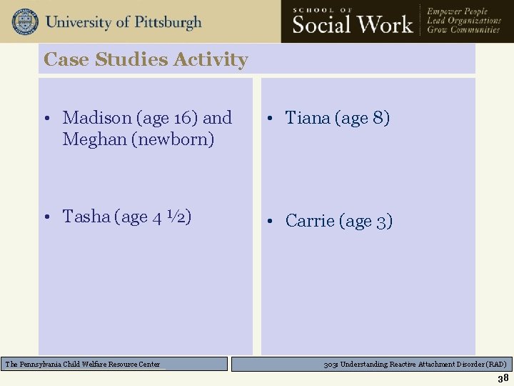 Case Studies Activity • Madison (age 16) and Meghan (newborn) • Tiana (age 8)