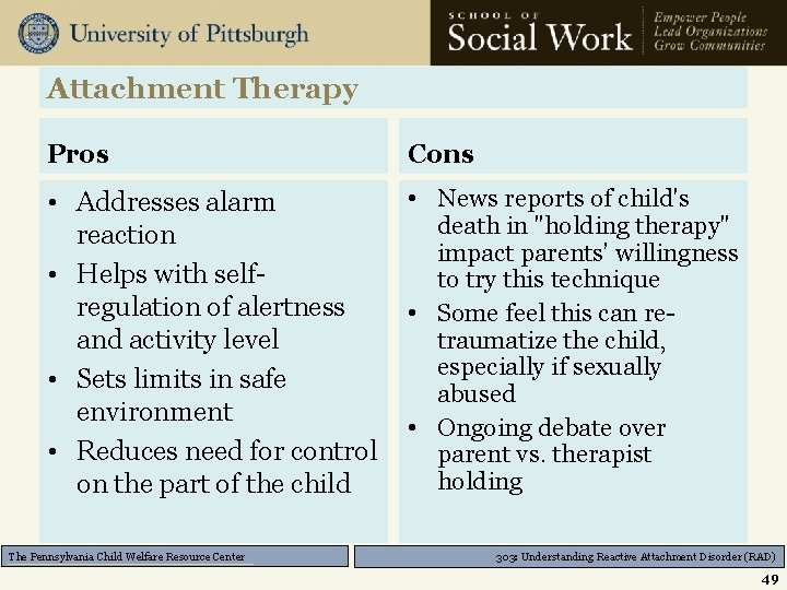 Attachment Therapy Pros Cons • Addresses alarm reaction • Helps with selfregulation of alertness