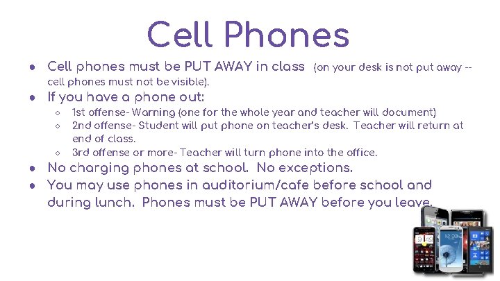 Cell Phones ● Cell phones must be PUT AWAY in class cell phones must