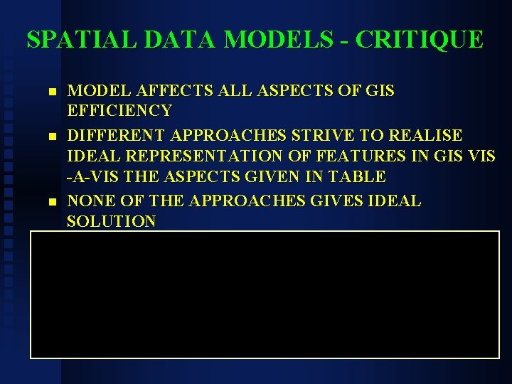 SPATIAL DATA MODELS - CRITIQUE n n n MODEL AFFECTS ALL ASPECTS OF GIS
