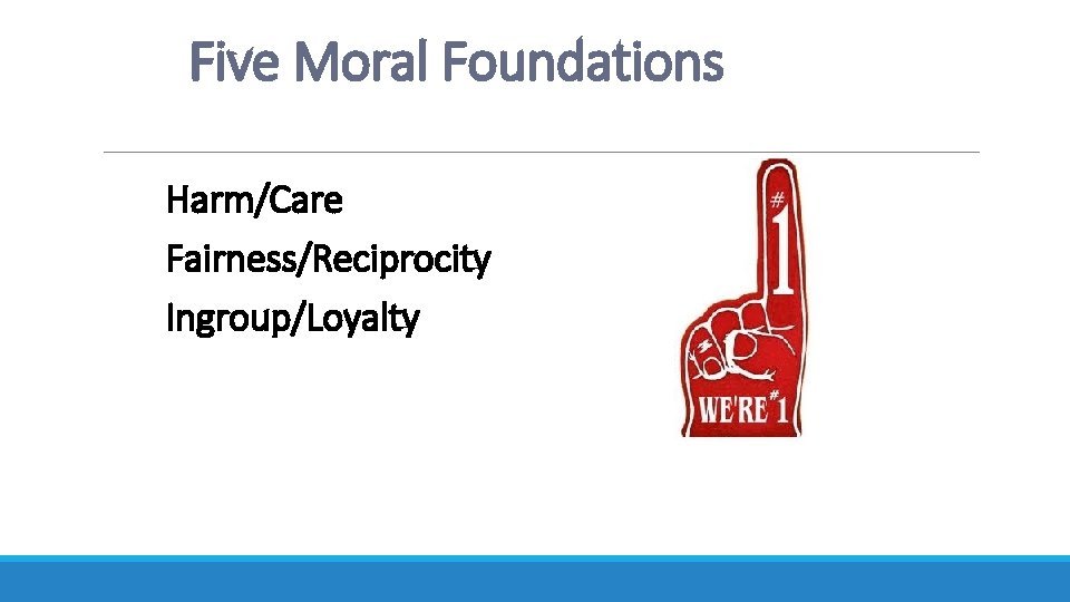 Five Moral Foundations Harm/Care Fairness/Reciprocity Ingroup/Loyalty 