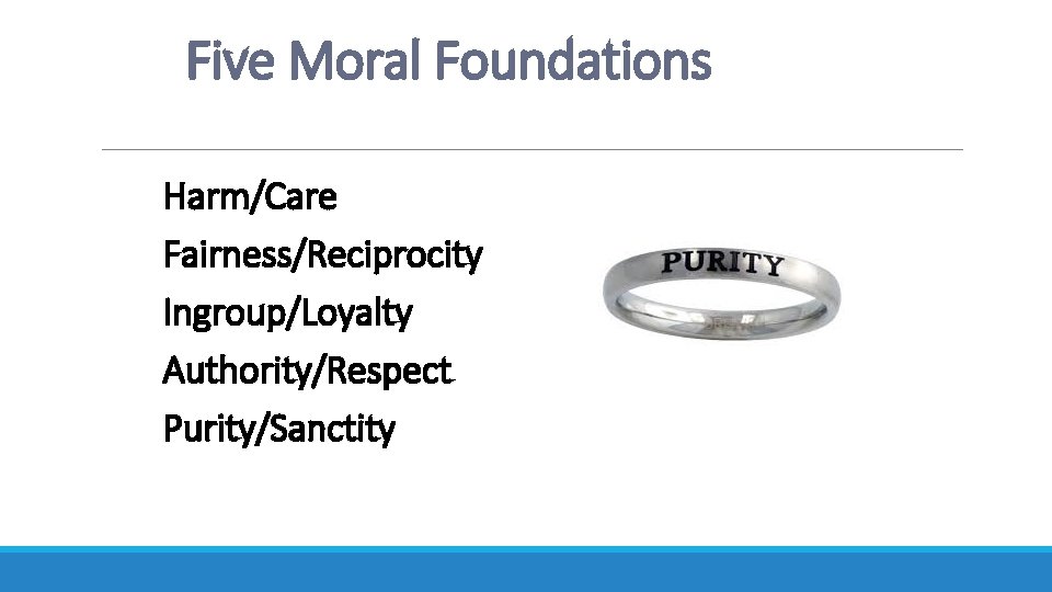 Five Moral Foundations Harm/Care Fairness/Reciprocity Ingroup/Loyalty Authority/Respect Purity/Sanctity 
