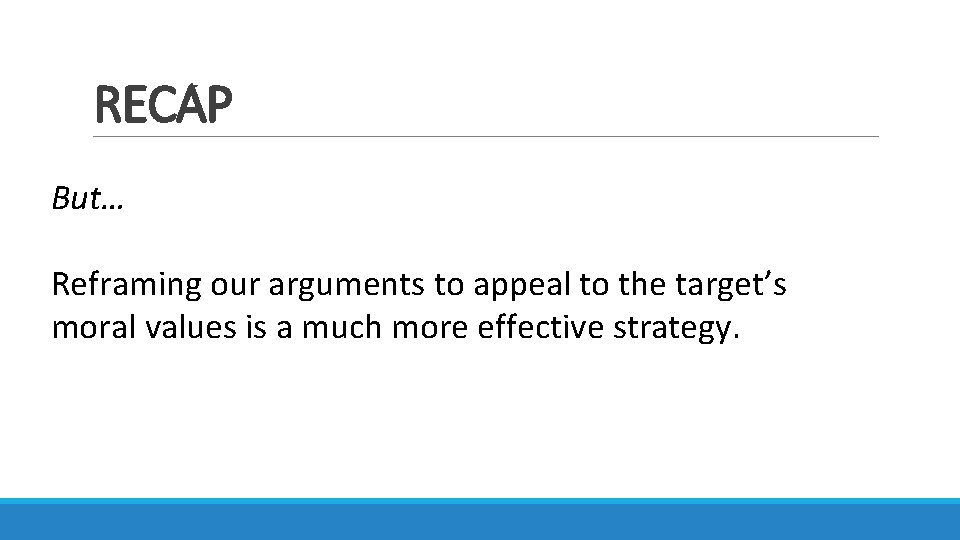 RECAP But… Reframing our arguments to appeal to the target’s moral values is a