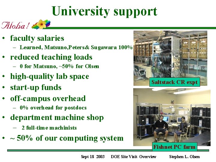 University support • faculty salaries – Learned, Matsuno, Peters& Sugawara 100% • reduced teaching