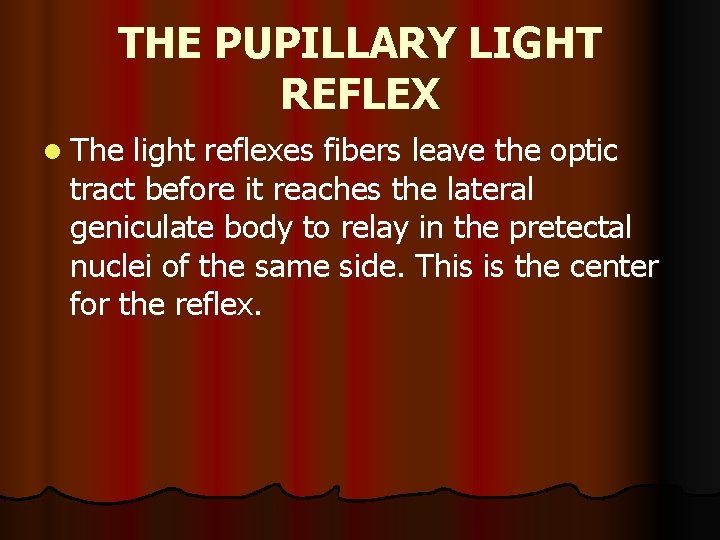 THE PUPILLARY LIGHT REFLEX l The light reflexes fibers leave the optic tract before