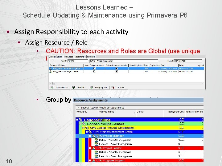 Lessons Learned – Schedule Updating & Maintenance using Primavera P 6 • Assign Responsibility