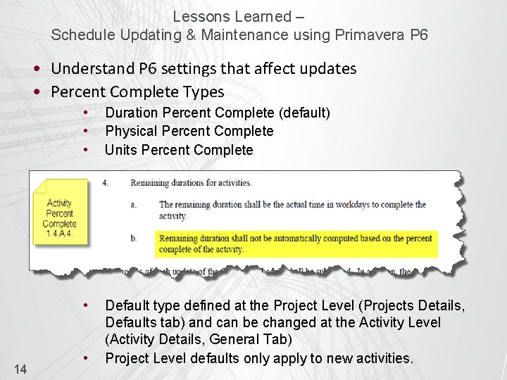 Lessons Learned – Schedule Updating & Maintenance using Primavera P 6 • Understand P