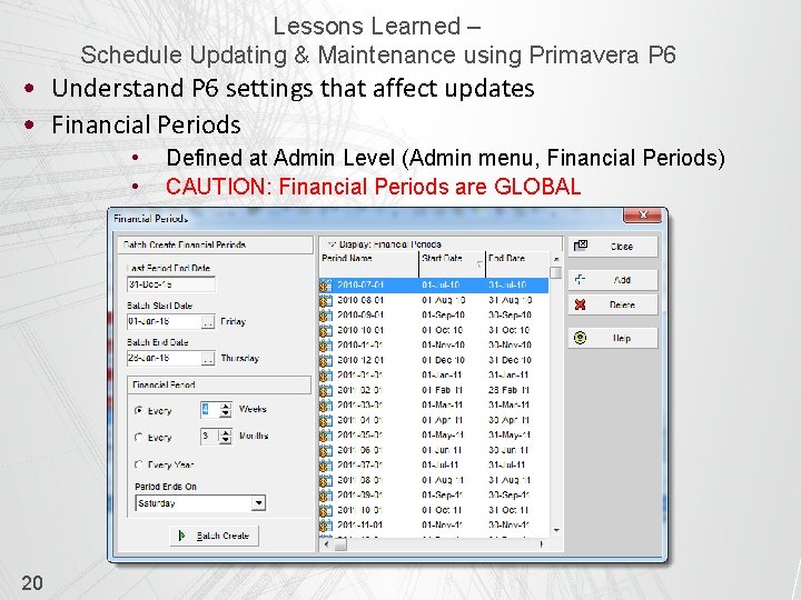 Lessons Learned – Schedule Updating & Maintenance using Primavera P 6 • Understand P