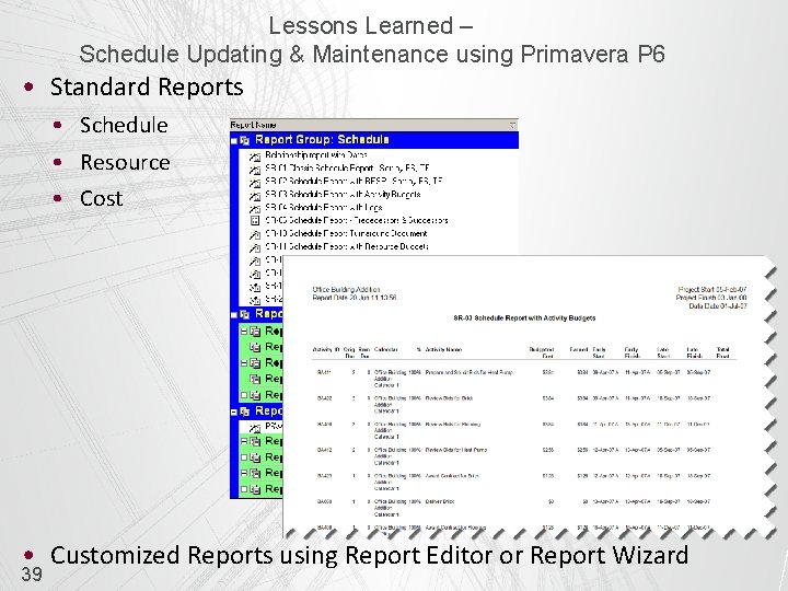 Lessons Learned – Schedule Updating & Maintenance using Primavera P 6 • Standard Reports