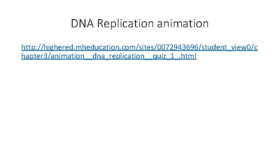 DNA Replication animation http: //highered. mheducation. com/sites/0072943696/student_view 0/c hapter 3/animation__dna_replication__quiz_1_. html 