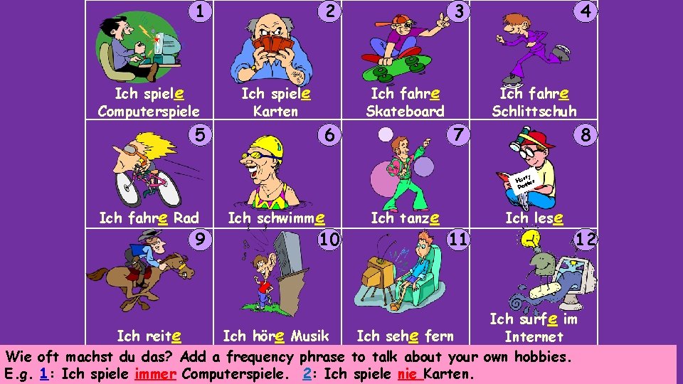1 Ich spiele Computerspiele 5 2 Ich spiele Karten 3 Ich fahre Skateboard 6