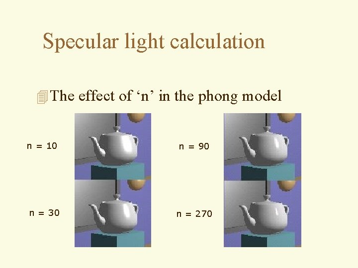 Specular light calculation 4 The effect of ‘n’ in the phong model n =